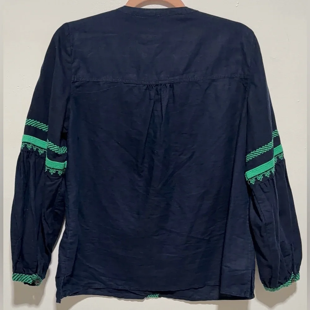 J. Crew Navy Blue Peasant Blouse with Green Embroidery - Picture 4 of 12